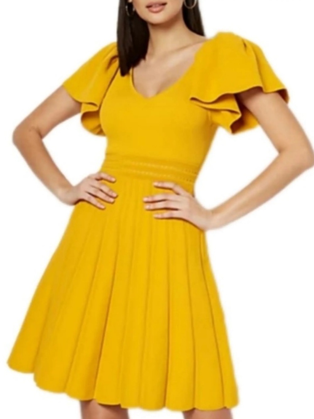 EVA MENDES NY&C Geneva Scallop Trim Flutter Sleeve Mustard Yellow Cocktail Dress